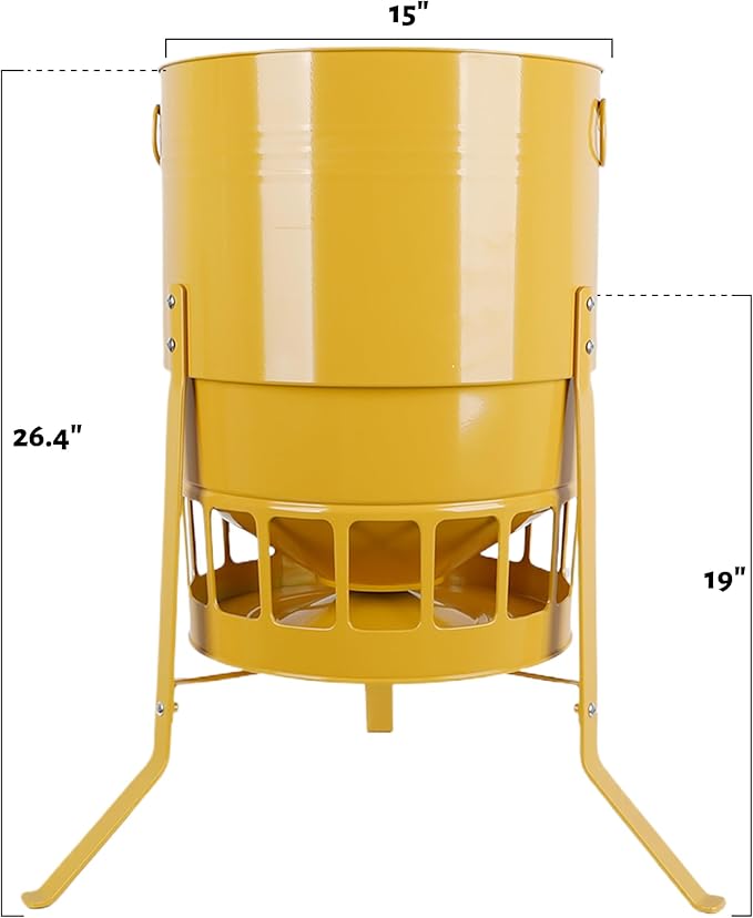 KOL Metal Chicken Feeder - 50lbs Poultry Feeder with 16 Ports, Powder Coated Rust-Proof Design & Smooth Edges for Safe Feeding (Yellow)