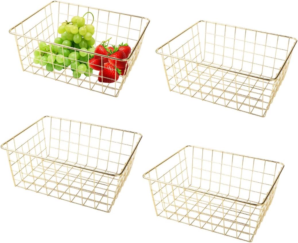 Tonxus 4pcs Wire Kitchen Storage Basket Farmhouse Metal Household Container Storage Organizer Bin Divider with Handle for Pantry,Shelf,Countertop,Refrigerator,Freezer,Cabinet (Gold)