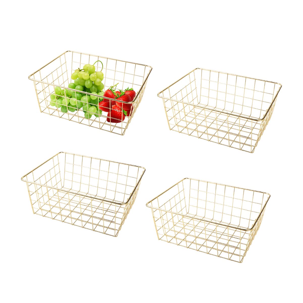 Tonxus 4pcs Wire Kitchen Storage Basket Farmhouse Metal Household Container Storage Organizer Bin Divider with Handle for Pantry,Shelf,Countertop,Refrigerator,Freezer,Cabinet (Gold)