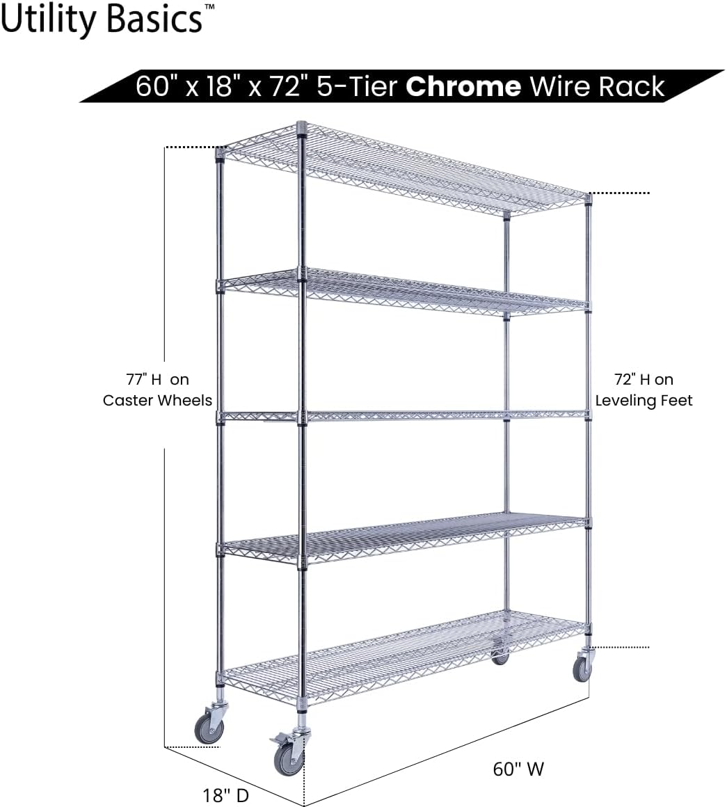 Utility Basics 60"x18"x72" Chrome 5-Tier PREMIUM Wire Shelving NSF 4000 LBS MAX CAPACITY Heavy Duty Steel Storage Rack for Warehouses, Garages, Hospitals, Commercial Spaces, & Schools w/PREMIUM WHEELS