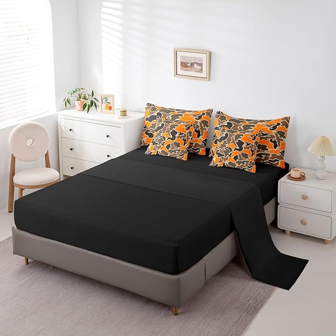 Feelyou Duck Hunter Orange Camouflage Hunting 7 Pieces Bedding Set, Twin Size Black Brown All Season,Bed in a Bag with Comforter, Sheets, Pillowcases Camo Army Bed Set Breathable Wild Room Decor