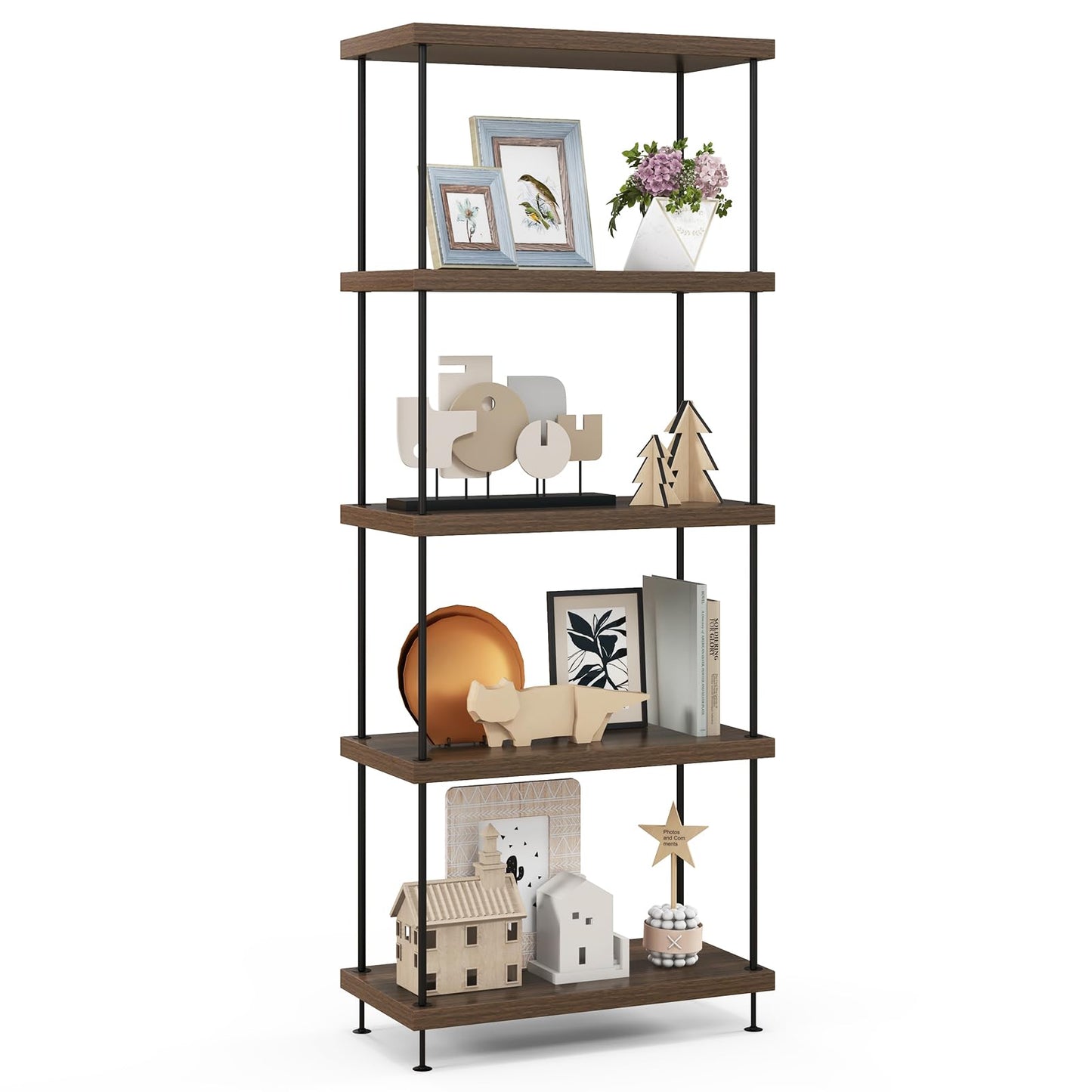 Giantex 5-Tier Open-Back Bookshelf, Freestanding Display Rack, Metal Frame Storage Shelf, Industrial Style Bookcase, Home Organizer Unit for Living Room, Bedroom, Study