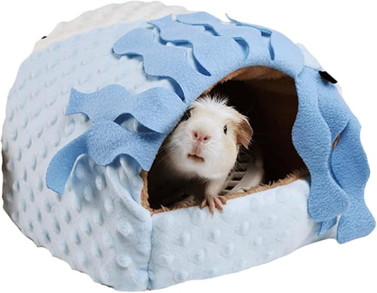 Warm Plush Guinea Pig Hut Habitat Hedgehog Hideout Rat House for Small Animal Rabbit,Washable Chinchilla Hamster Bed Cozy Nest Cage Accessories (Blue,Large)