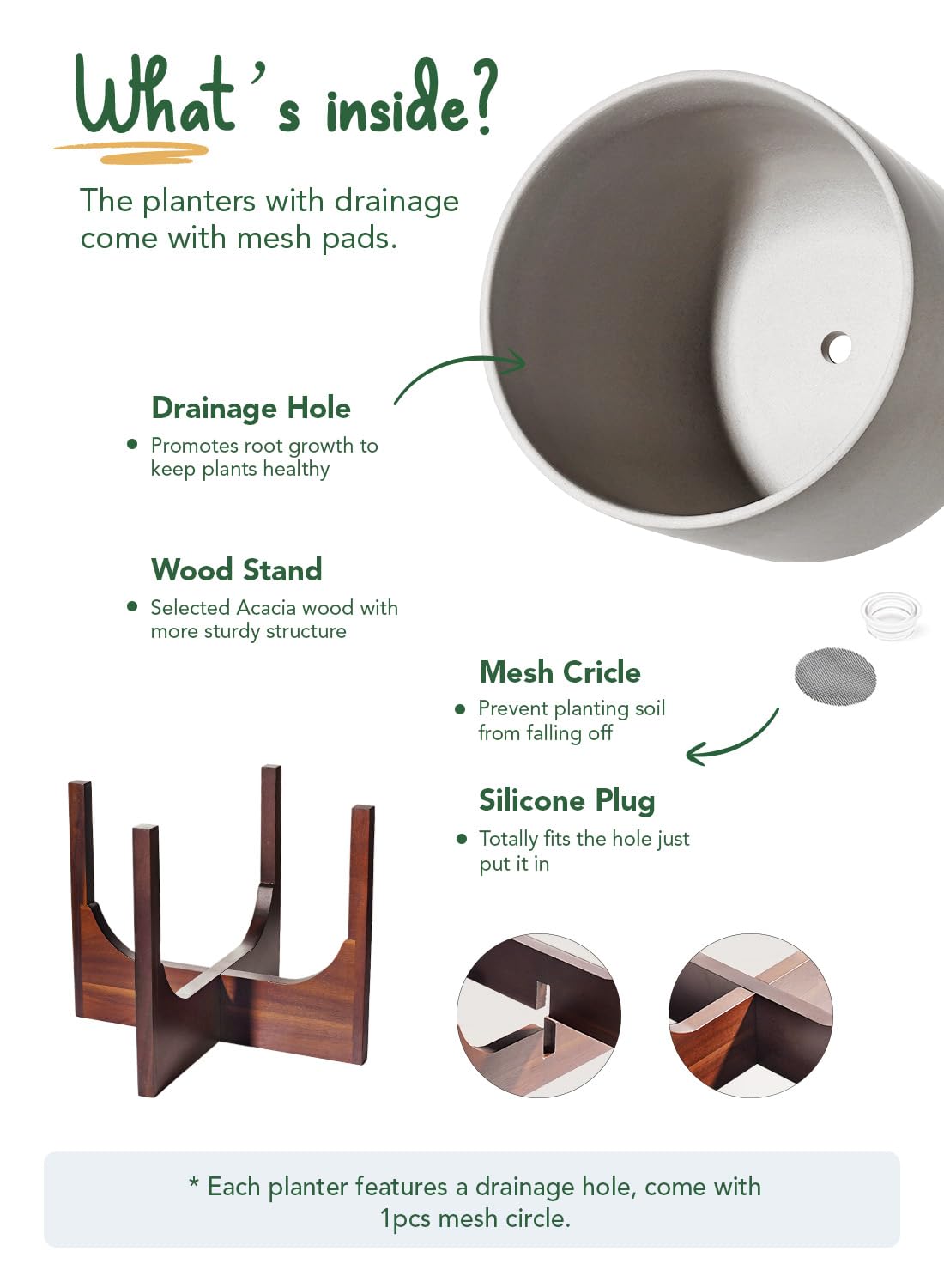 LE TAUCI 12 Inch Plant Pot with Acacia Wood Stand, Ceramic Large Planters for Indoor Plants, Indoor Pots for Plants Office Living Room, Cylinder Planter with Drainage Hole and Plug, Neutral Gray