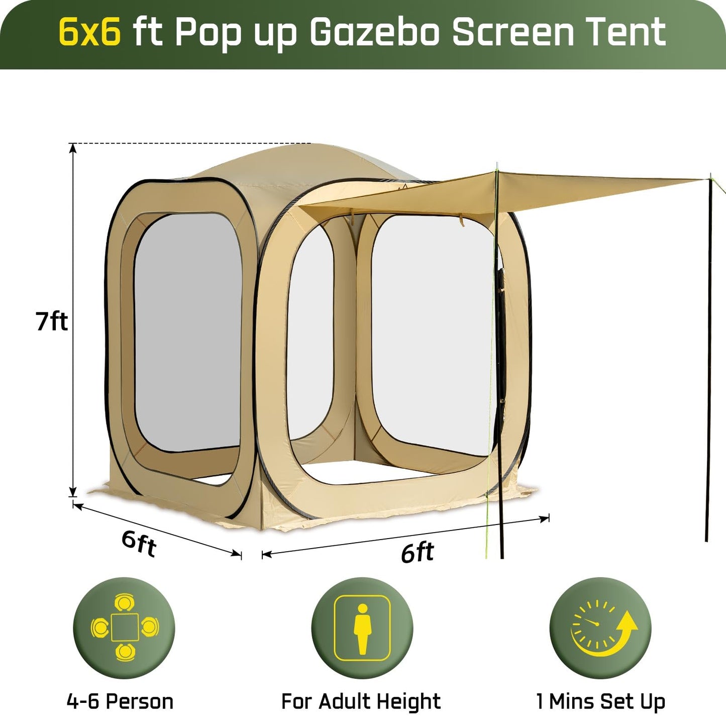 JELUCAMP 6x6 FT Pop Up Screen House Tent - Instant Screened Gazebo Canopy with Mosquito Net, Portable Backyard Tent for 4-6 People, Easy Setup Patio Shelter for Camping, BBQ, Sports & Outdoor