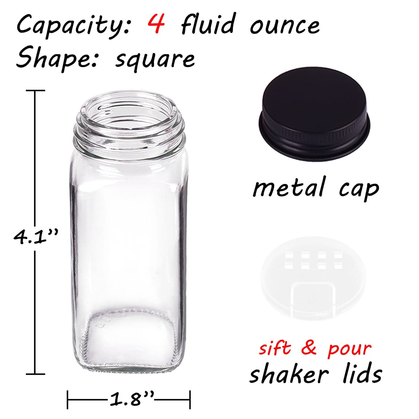 Churboro 25 Spice Jars with 547 Labels- Glass Spice Jars with Black Metal Caps, 4oz Empty Spice Containers with Shaker Lids, Funnel, Chalk Pen, Square Seasoning Bottles for Spice Rack, Drawer, Cabinet