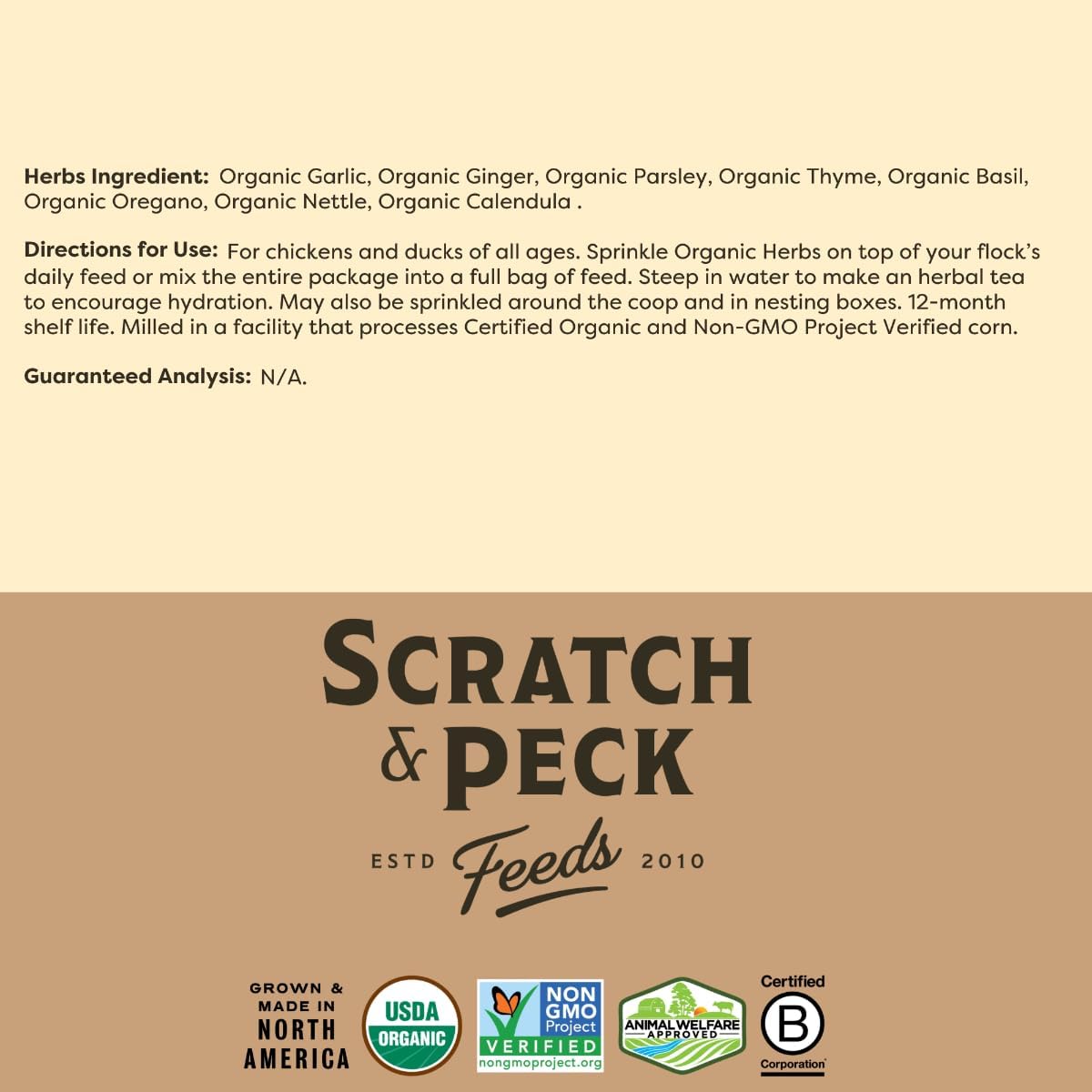 Scratch and Peck Dried Herbs Supplement for Chickens and Ducks - 10 oz Bag - Natural, Aromatic Nesting Box Herbs - Certified Organic and Non-GMO Project Verified