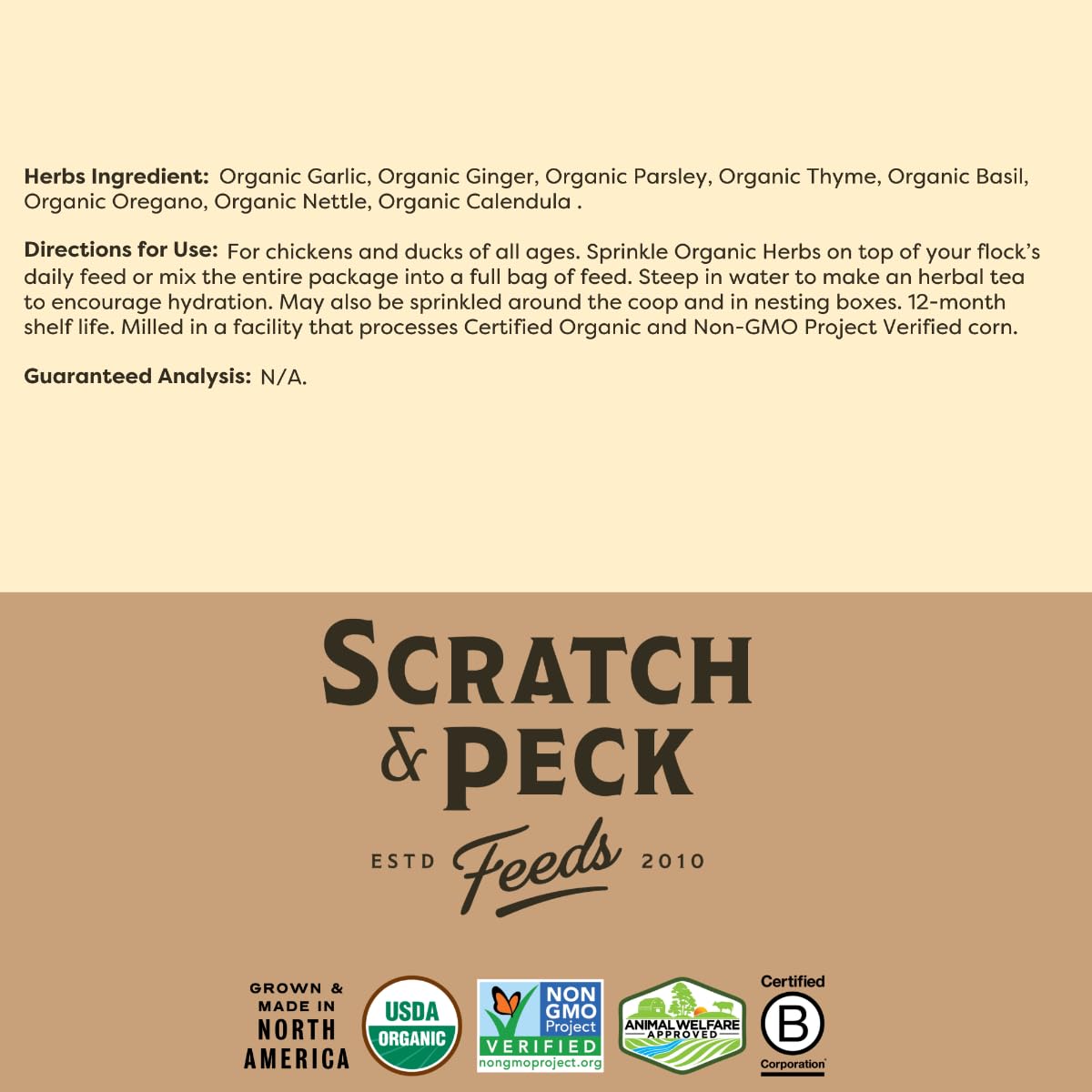 Scratch and Peck Dried Herbs Supplement for Chickens and Ducks - 10 oz Bag - Natural, Aromatic Nesting Box Herbs - Certified Organic and Non-GMO Project Verified