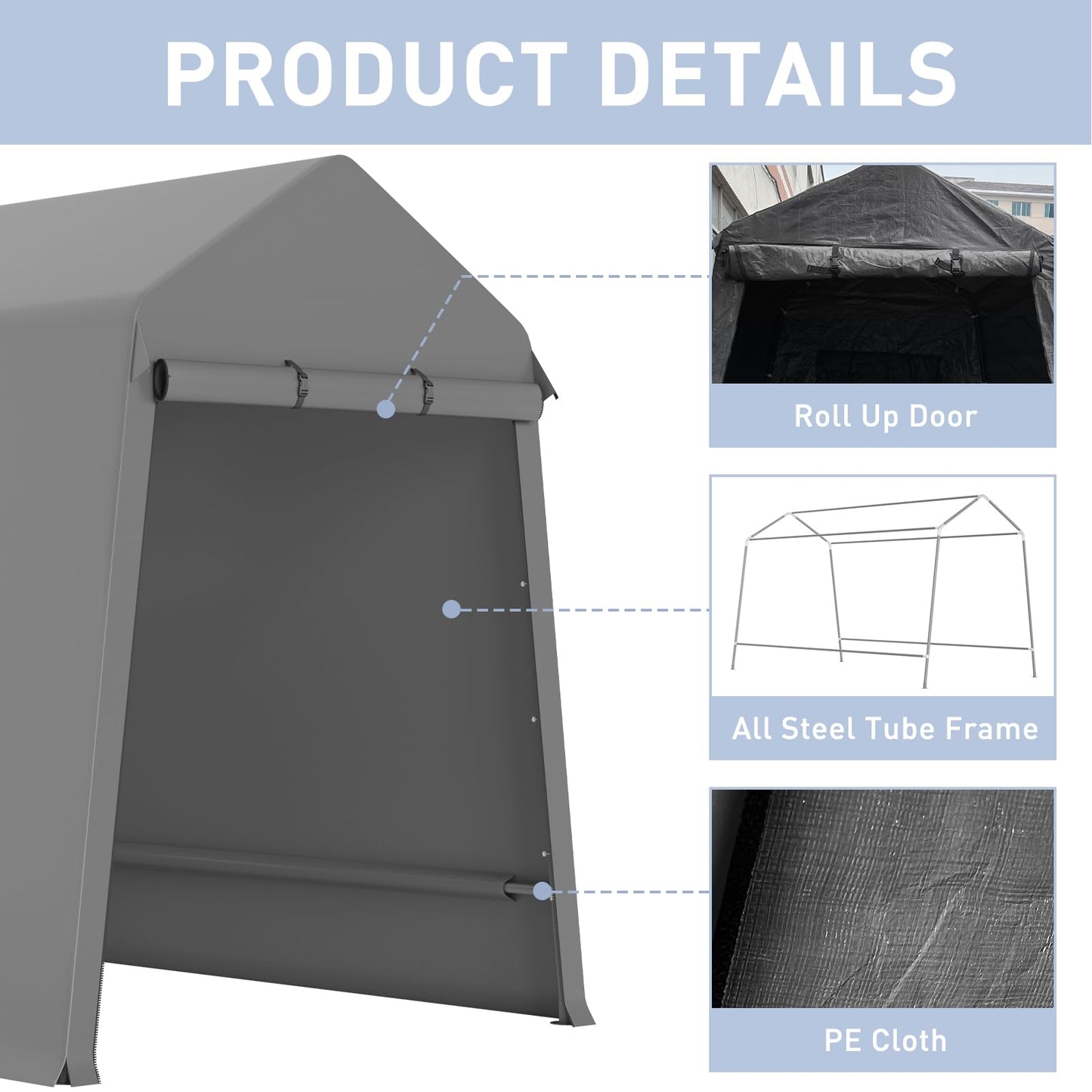 7X12 Ft Outdoor Portable Storage Shelter Shed with Rolled Up Zipper Doors & Vents, Heavy Duty Carport for Motorcycle Waterproof and Uv Resistant Anti-Snow Portable Garage Kit Tent, Gray
