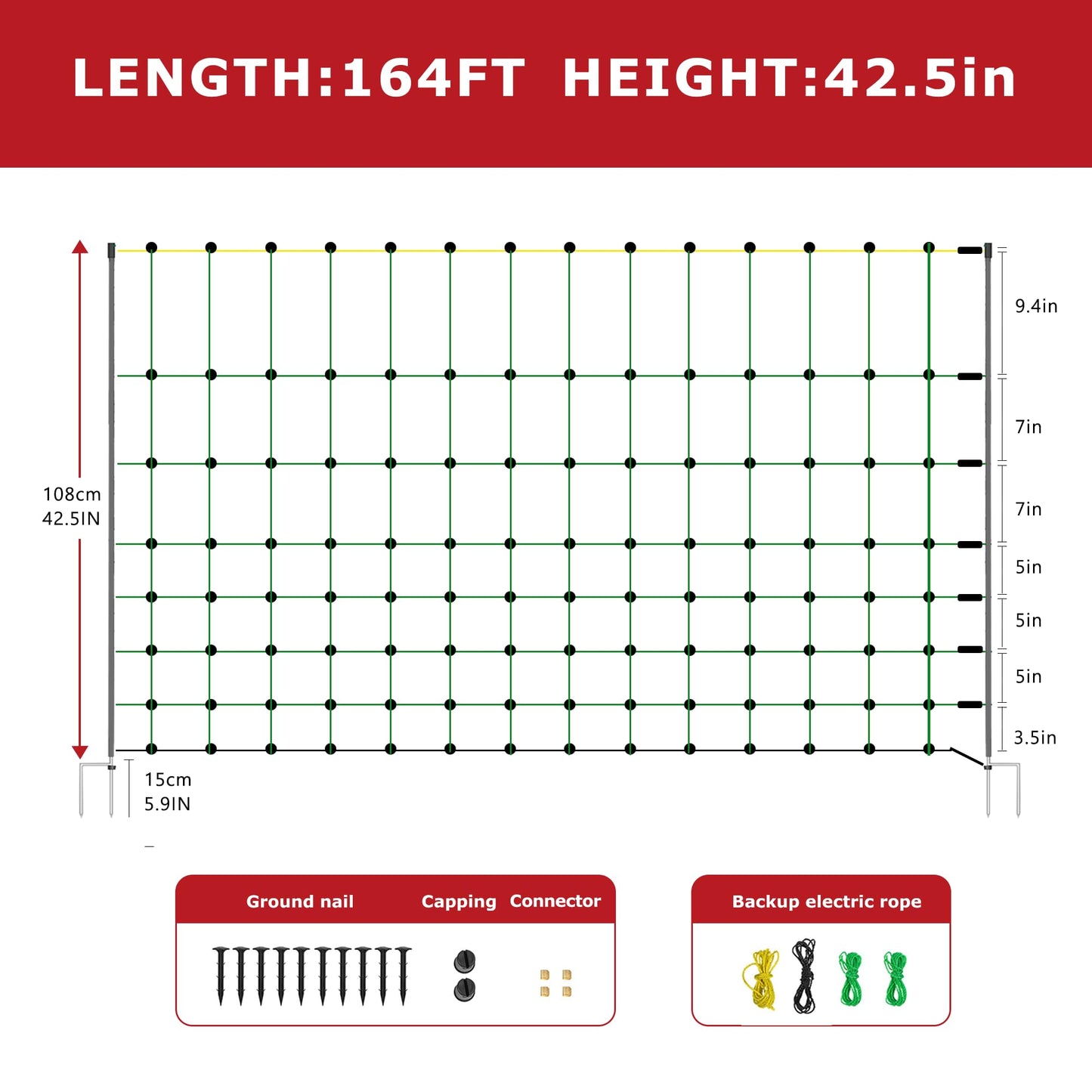 BEIYI Electric Fence Netting, 164'L x 42.5" H Electric Fence Kit for Livestock, Goat, 14 Posts Double Spiked Portable Electric Poultry Farm Fence