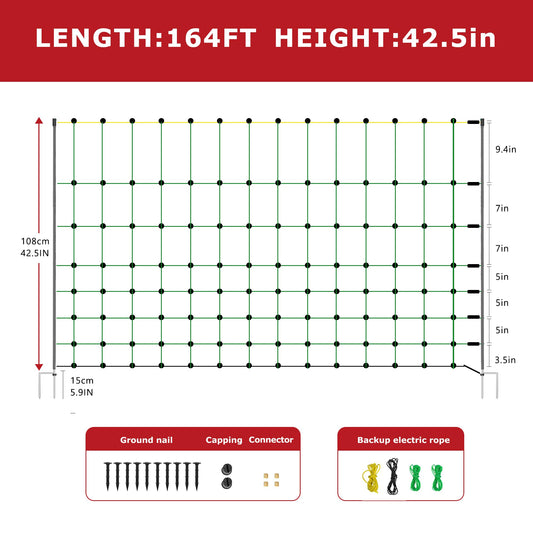 BEIYI Electric Fence Netting, 164'L x 42.5" H Electric Fence Kit for Livestock, Goat, 14 Posts Double Spiked Portable Electric Poultry Farm Fence