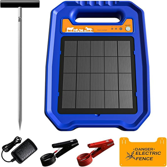 Livestock Fence Charger - Solar Powered Electric Fence Charger with Lithium Battery, Low Power Consumption Fence Controller for Garden Ranch Farm Up to 5 Miles