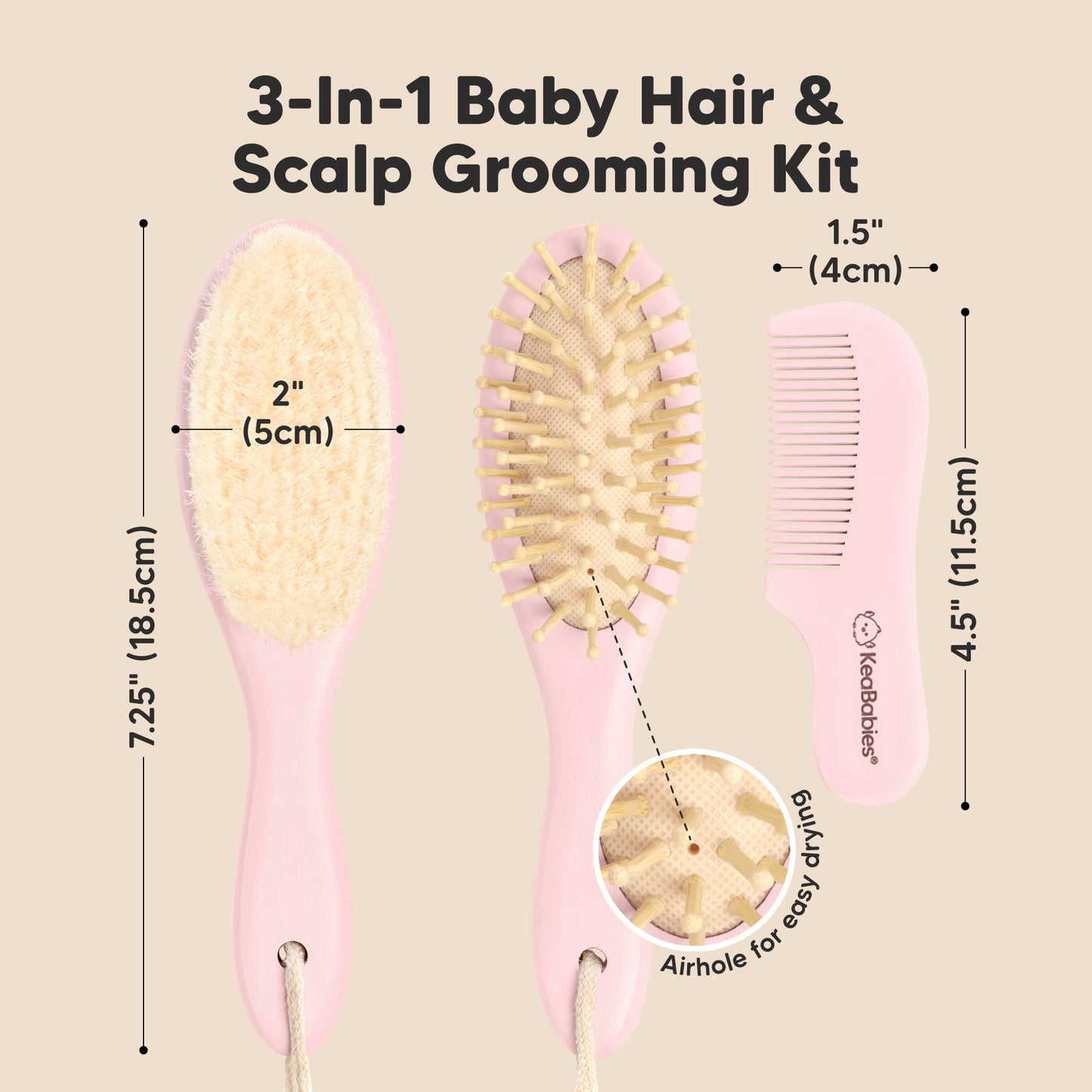 Baby Hair Brush and Comb Set for Newborn - Wooden Baby Hair Brush Set with Soft Goat Bristle, Baby Brush Set for Newborns, Baby Brush and Comb Set Girl, Boy, Toddler Cradle Cap Brush (Oval, Blush)