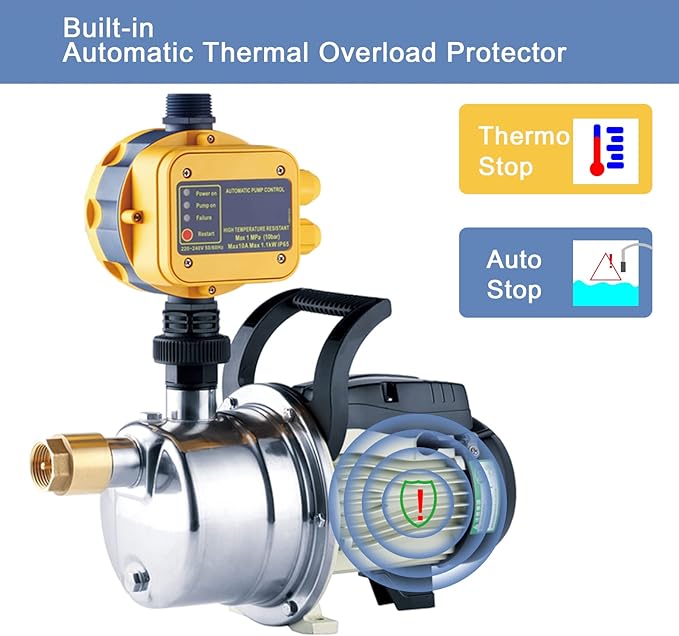 1/2 HP Water Pressure Booster Pump with Smart Controller, 845GPH, 110V, Stainless Steel Well Pump, Automatic Water Transfer Jet Pump for Home, Garden, Lawn, Irrigation