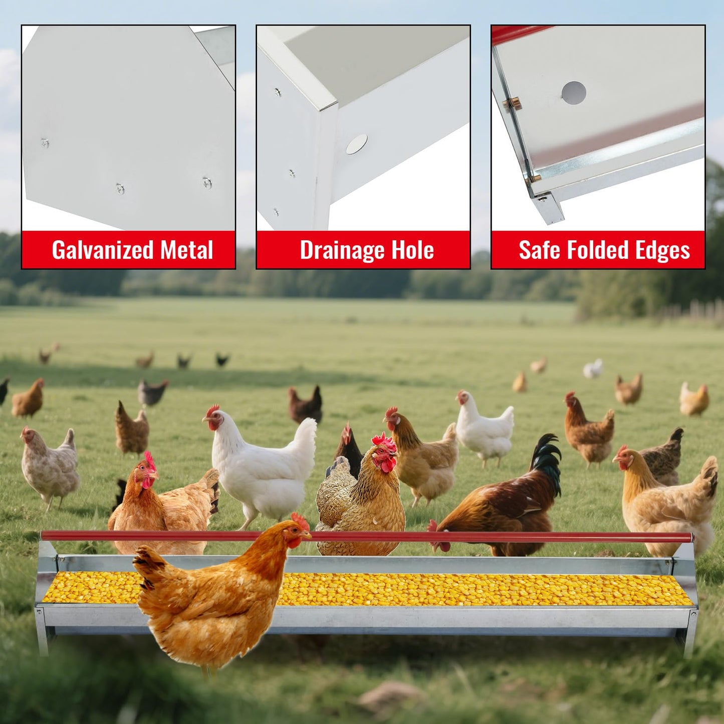 Chicken Feeding Trough 45", Heavy Duty Galvanized Steel Poultry Feeder with Red Crossbar & Drainage Holes, Large Capacity Feeder Trough for Chicken, Duck, Goose, Turkey, Rabbit, Pigeon