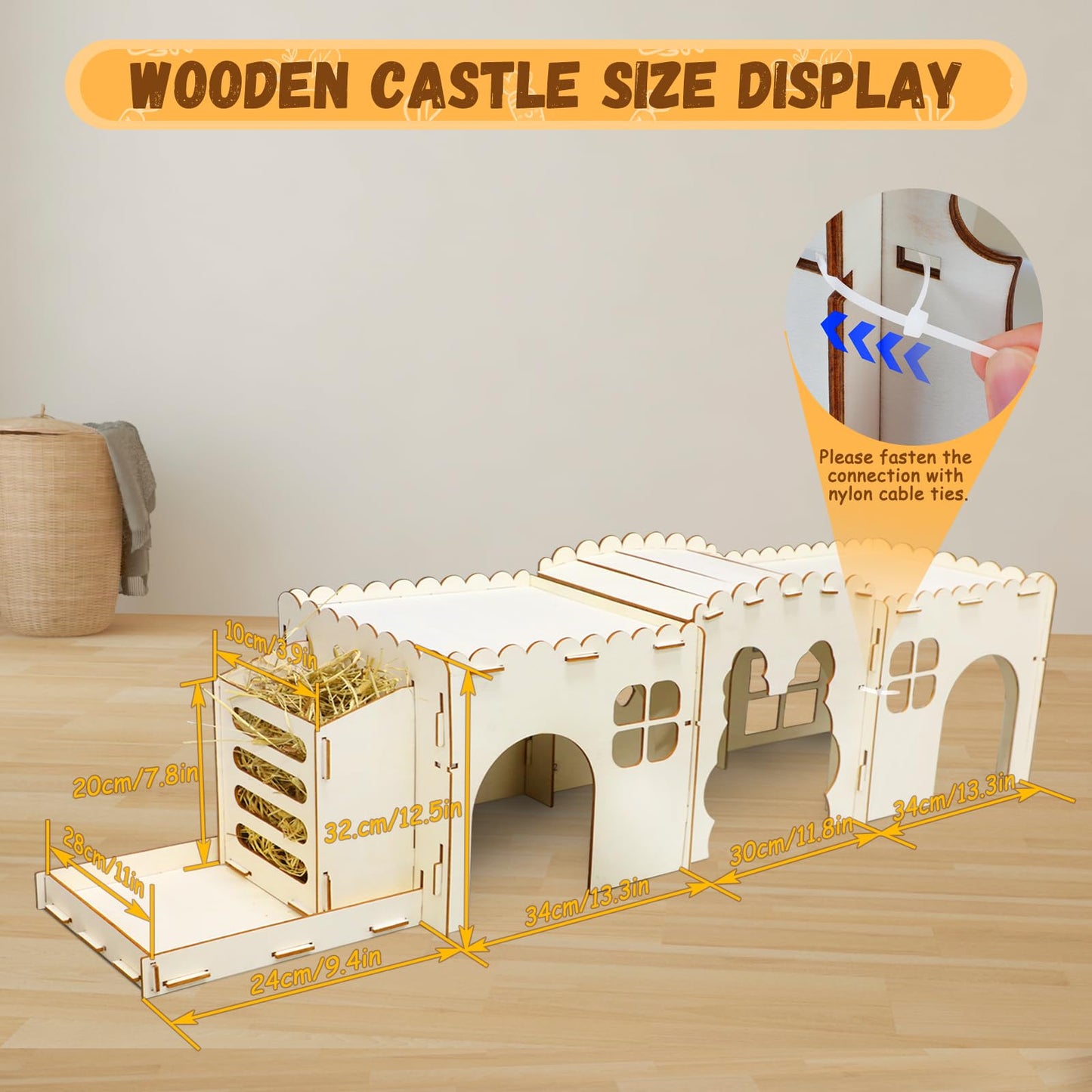 Midollarle Extra Large Wooden Rabbit Castle with 3 Houses, Wood Bunny House and Hideout with Grass Feeder,Indoor Rabbit Hideaway Hutch for Hamster Guinea Pig Chinchilla Ferret Small Animal Hut to Hide