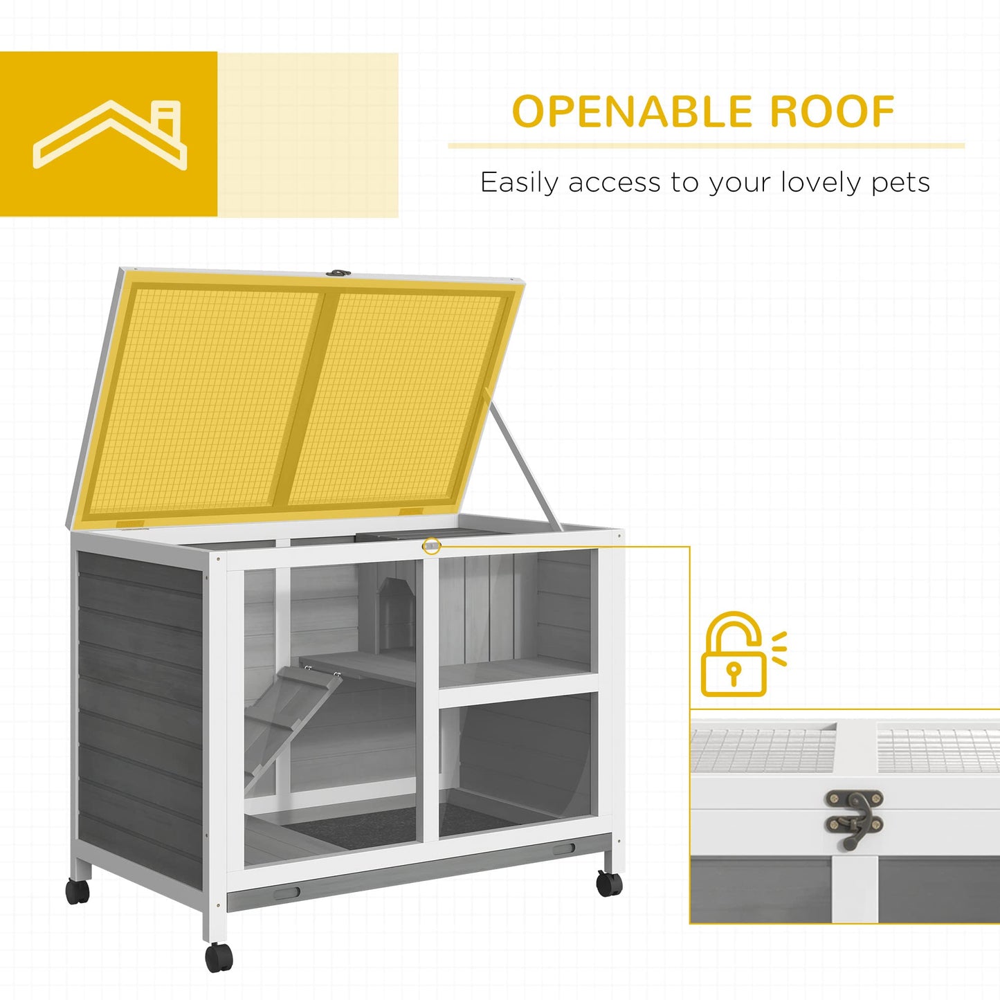 PawHut Rabbit Hutch with Wheels, Desk and Side Table Sized, Wooden Rabbit Cage, Waterproof Small Bunny Cage with Removable Tray, Openable Roof, for Indoor & Outdoor, Gray