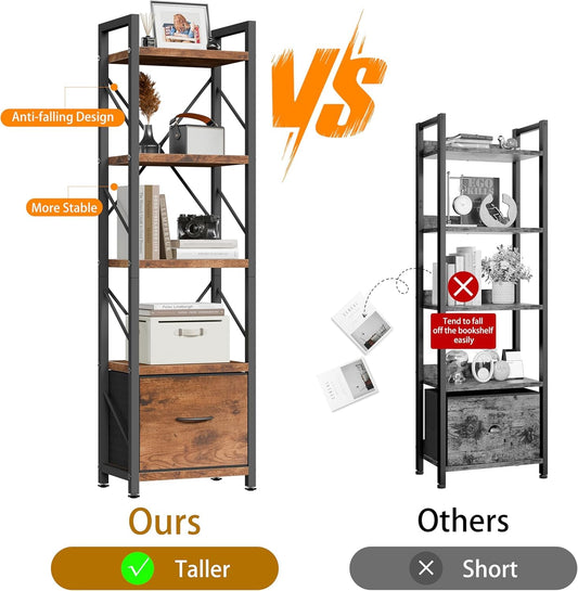 Shintenchi 5 Tier Bookshelf with Drawer, Tall Narrow Industrial Bookcase - Open Standing Shelf Unit, Freestanding Wood & Metal Display Shelves Storage Organizer for Bedroom, Living Room, Rustic Brown