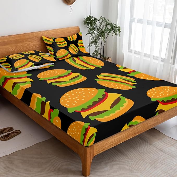 California King Bed Sheets Set - 3 Piece 3D Cheeseburger Bedding - Brushed Microfiber - Shrinkage and Fade Resistant - Easy Care (French Fry Hamburger, California King, Black & Yellow)