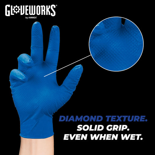 GLOVEWORKS HD Royal Blue Nitrile Industrial Disposable Gloves, 6 Mil Latex-Free Raised Diamond Texture, X-Large, Case of 1000