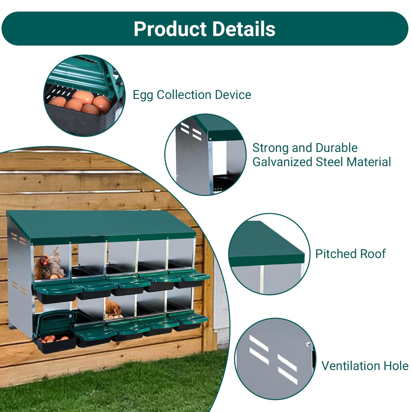 Chicken Nesting Box, 10 Compartments Chicken Nesting Boxes for Laying Eggs, Nesting Boxes for Chicken with Egg Collection for Chicken Coop, Green