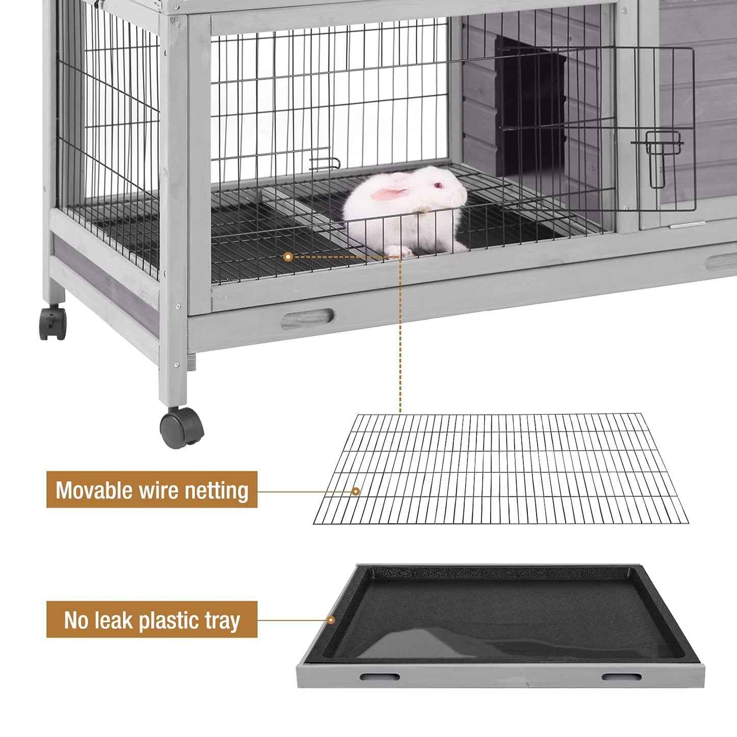 Rabbit Hutch Indoor Outdoor Rabbit Cage Bunny Cage with Run,No Leak Pull Out Tray,Wire Fence