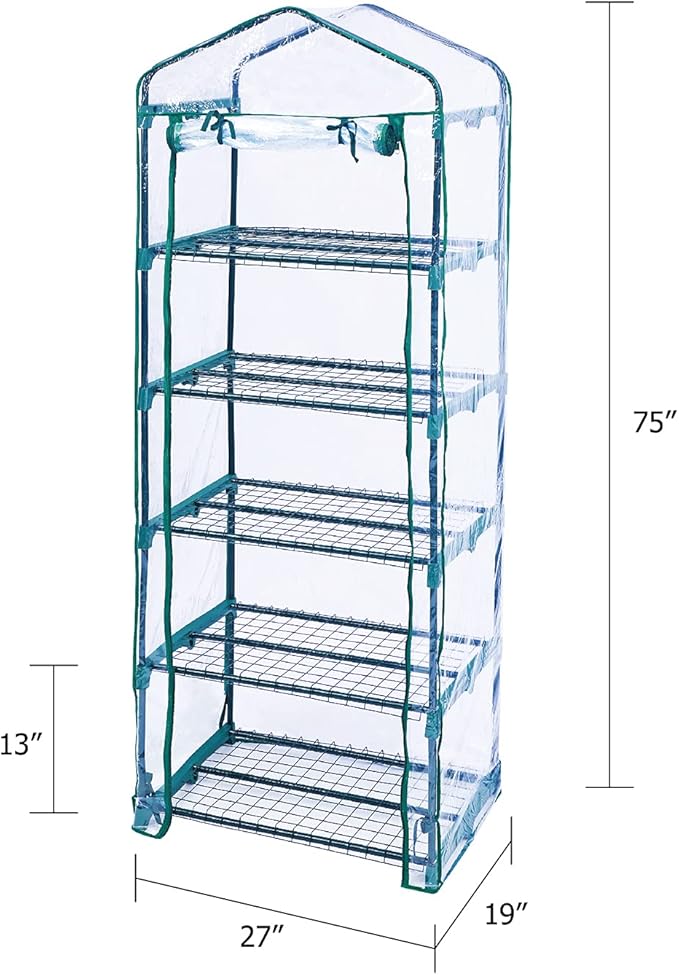 Worth Garden 5 Tier Mini Greenhouse - 75'' H x 27'' L x 19'' W - Sturdy Portable Gardening Shelves with PVC Cover - Small Porch Green House for Growing Plants Flowers Indoor & Outdoor