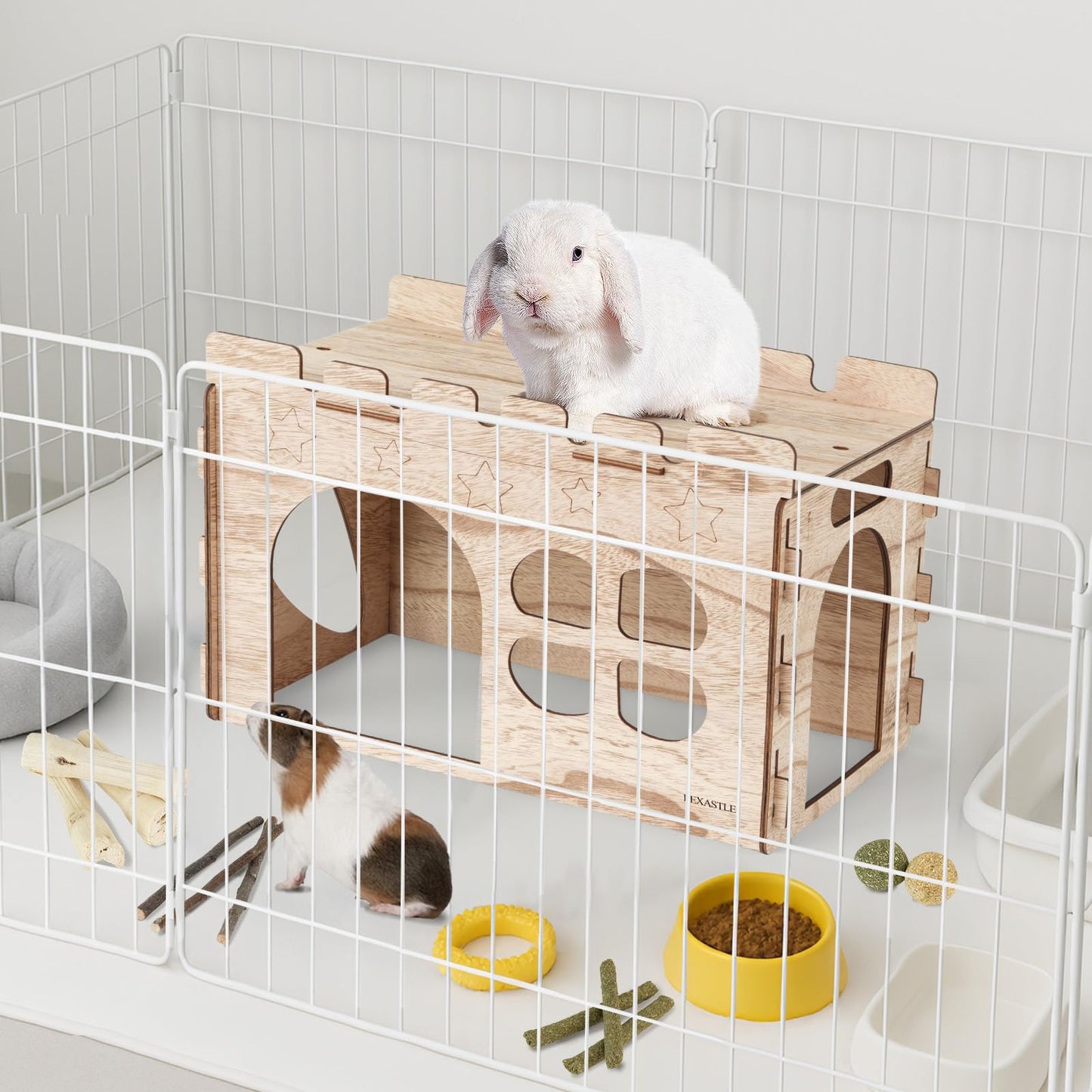 LEXASTLE Larger Bunny Castle Sturdy Walnut Color Wooden Rabbit Hideout for Bunnies Guniea Pigs Ferrets Chinchillas Hamsters