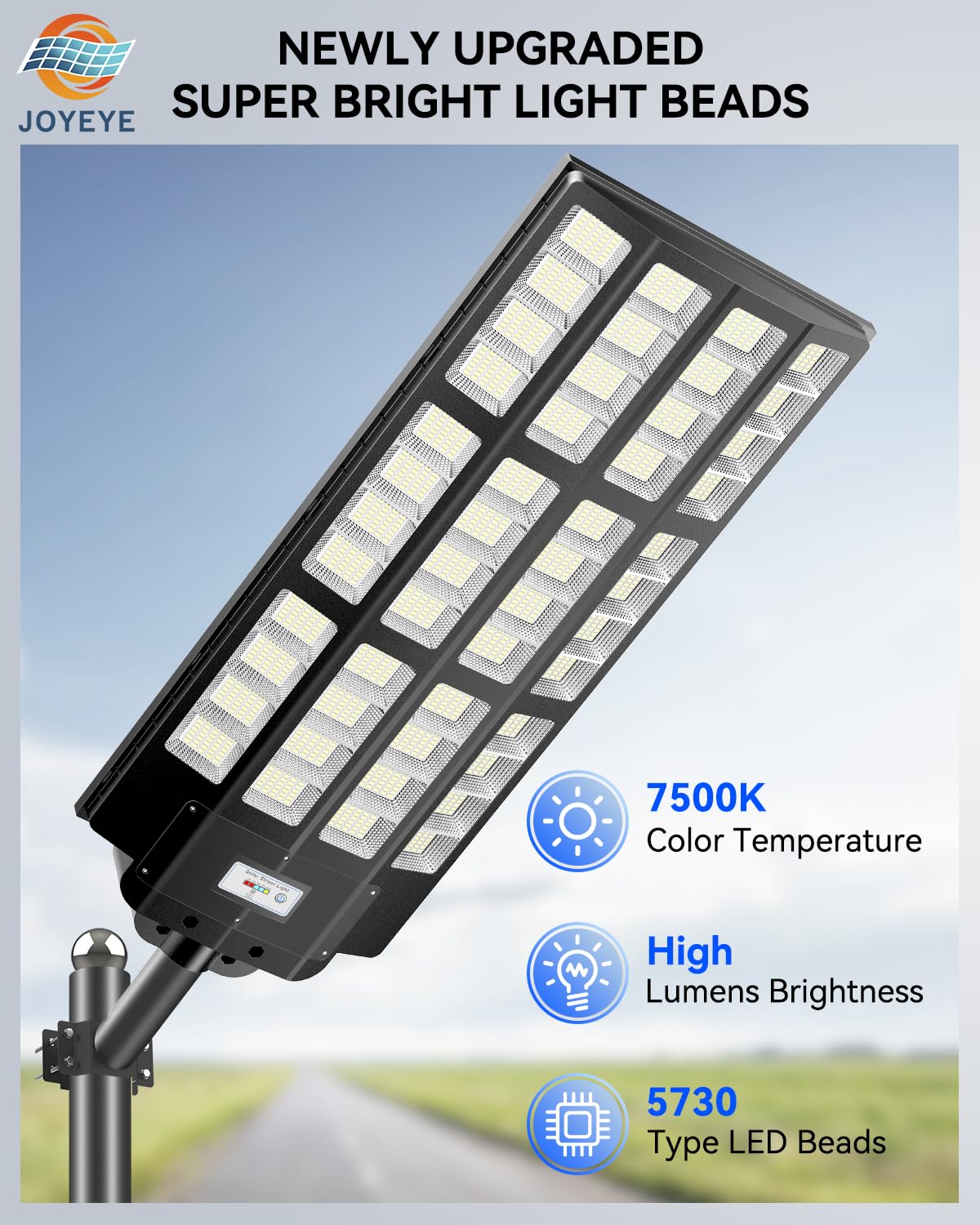 JOYEYE 10000W Solar Street Lights Outdoor: Commercial Solar Parking Lot Lights with Motion Sensor and Remote Control, IP66 Waterproof, Wide Angle Dusk to Dawn Outdoor Lighting, Large Dimension, 2 Pack