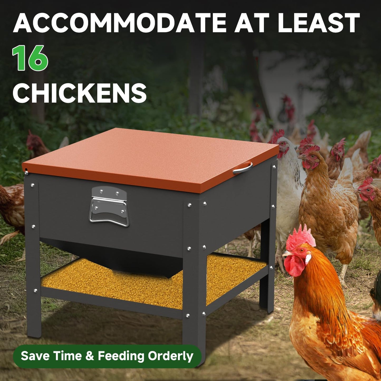 POOAMY Portable Metal Chicken Feeder with Waterproof Lid, Freestanding Chicken Feeding Box with 80 lbs Large Capacity for Chickens, Orange