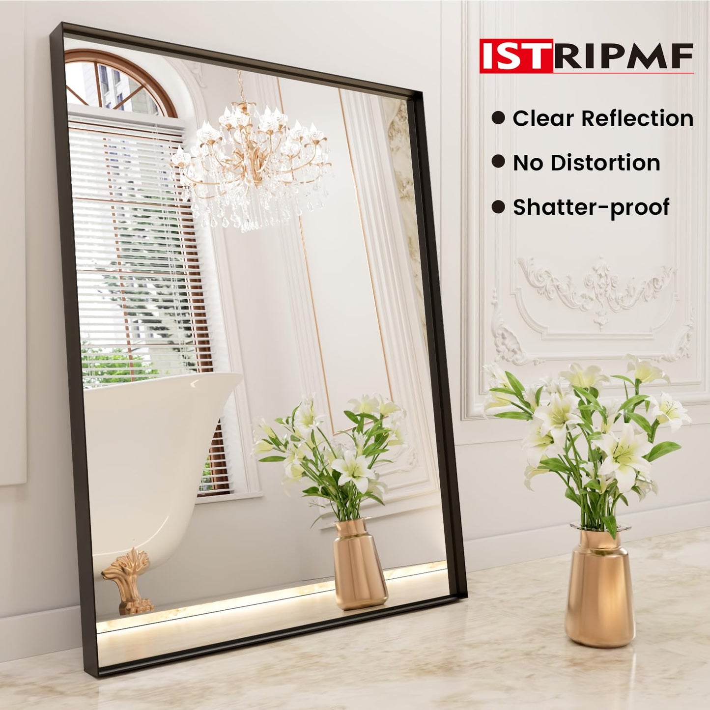 ISTRIPMF Bathroom Mirror Black,55x36 Inch Large Matte Black Bathroom Vanity Mirror,Rectangle, Square Corner, Anti-Rust,Shatter-Proof, Bedroom, Living Room, Entryway, Wall-Mounted(Horizontal/Vertical)