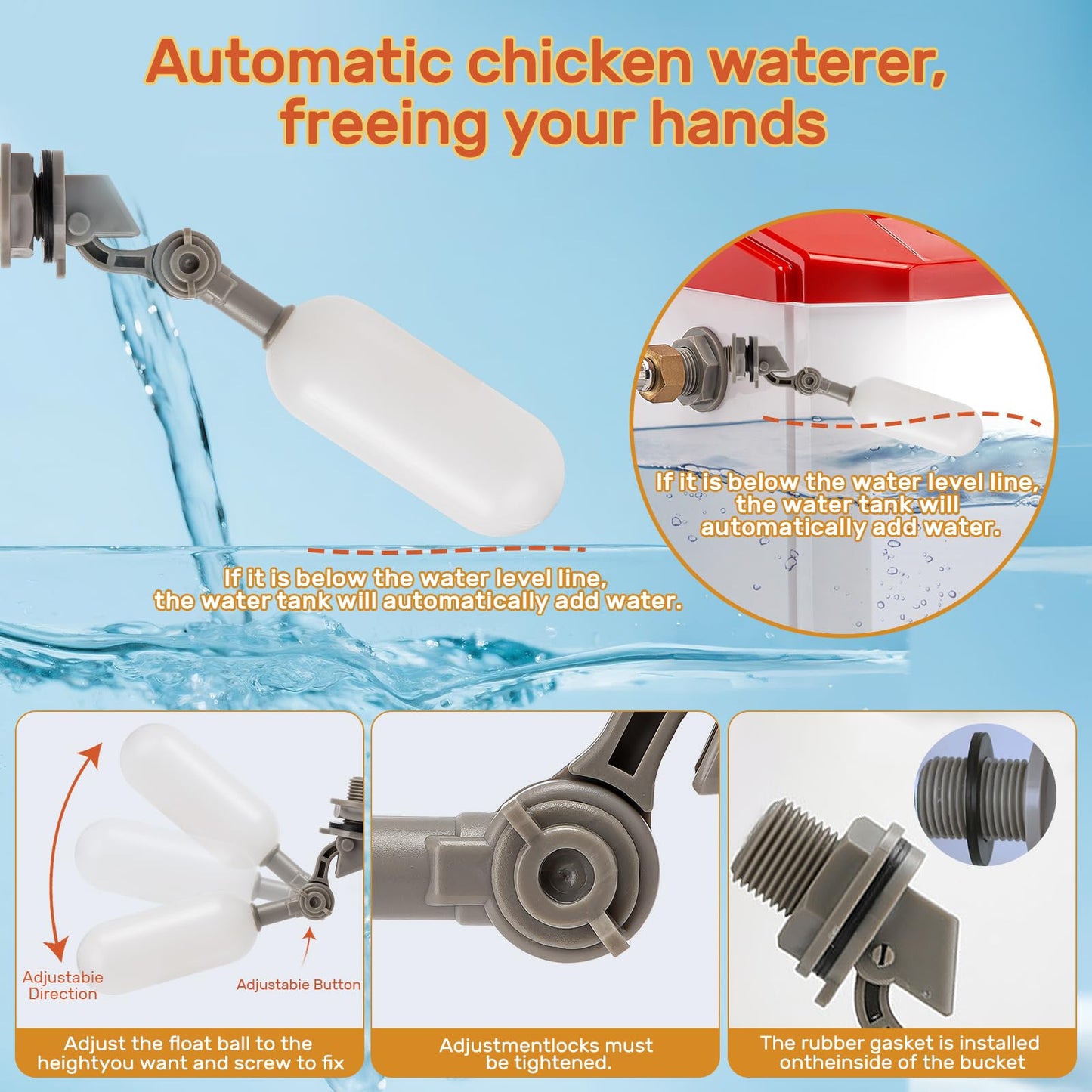 Automatic Chicken Waterer,Float-Controlled Large Watering System with Stainless Steel Metal Hose,Suitable for Quail,Ducks,and Other Poultry