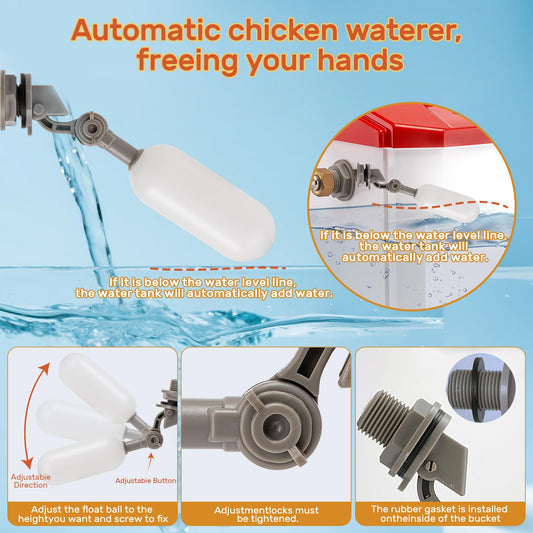 Automatic Chicken Waterer,Float-Controlled Large Watering System with Stainless Steel Metal Hose,Suitable for Quail,Ducks,and Other Poultry