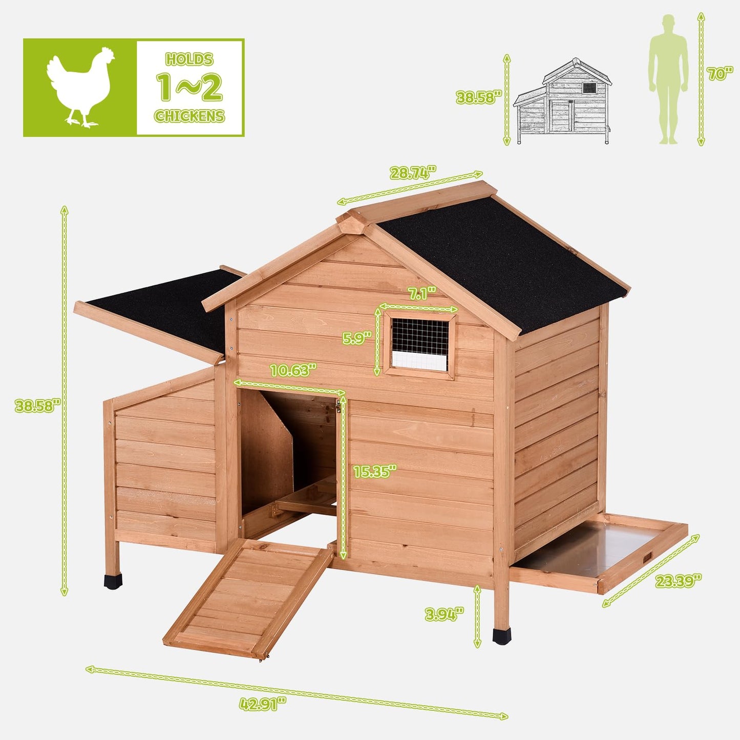 Narkula Outdoor Chicken Coop, Duck House with Nesting Box/Pull Out Tray/Secure Doors, Wooden Small Chicken Cage Weatherproof/Ventilation, 42.91" x 38.58" x 28.74", Brown