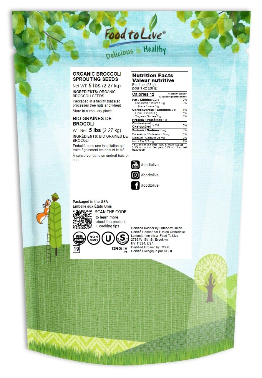 Food to Live Organic Broccoli Seeds for Sprouting, 5 Pounds – Non-GMO, Vegan, Kosher, Sirtfood, Bulk. Rich in Sulforaphane, Vitamin C. Grow Sprouts, Microgreens for Salads, and Sandwiches