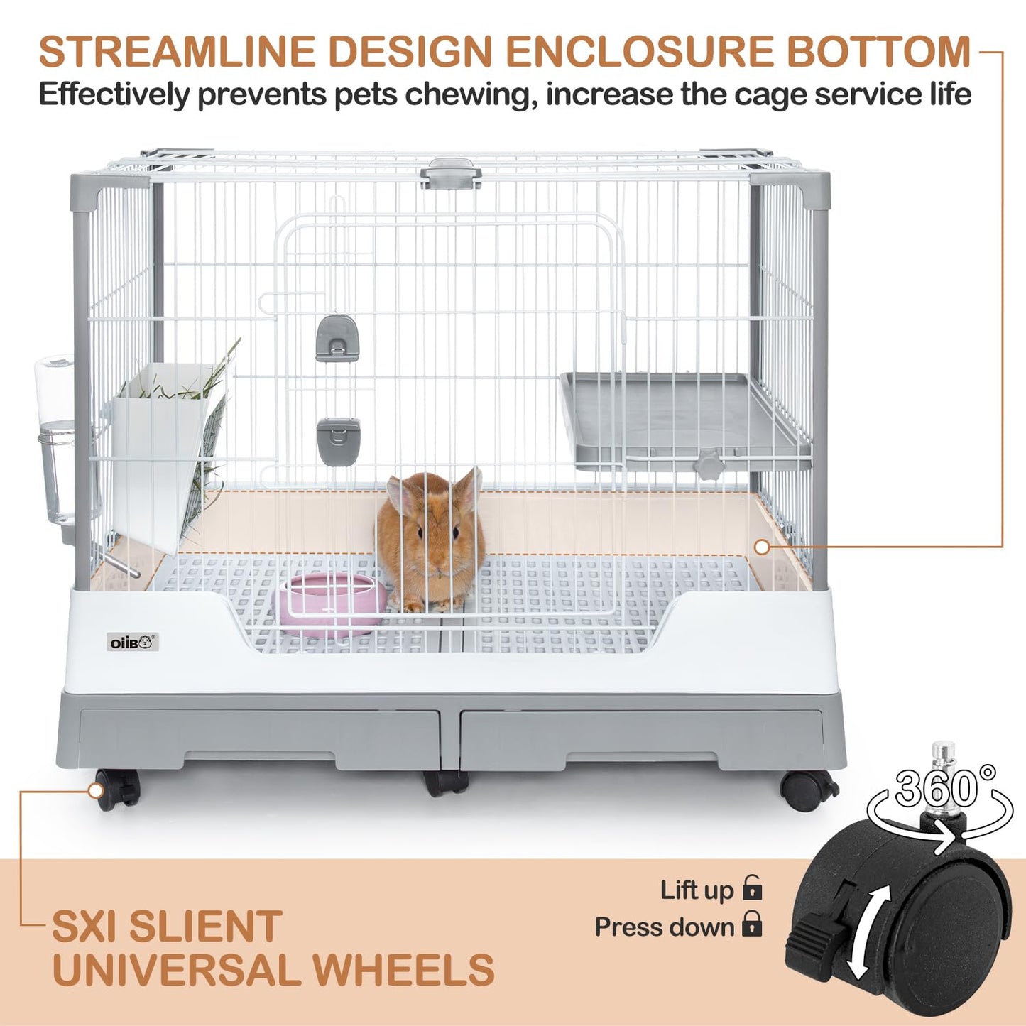 OIIBO Deluxe Rabbit Cage, 32" × 21" × 26" Large Space Bunny Cage Foldable Small Animal Cage with Pull Out Tray and Caster Platform, Professional Household Anti-Spray Urine Rabbit Cage Hutch Indoor