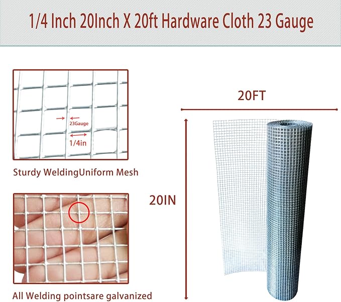 Hardware Cloth 1/4 Inch 20in X 20ft, 23 Gauge Hot Dip Galvanized Welded Cage Wire Mesh Roll, Chicken Wire Fence Roll for Snake Fences Handicraft Making Welded Fence Garden & Home