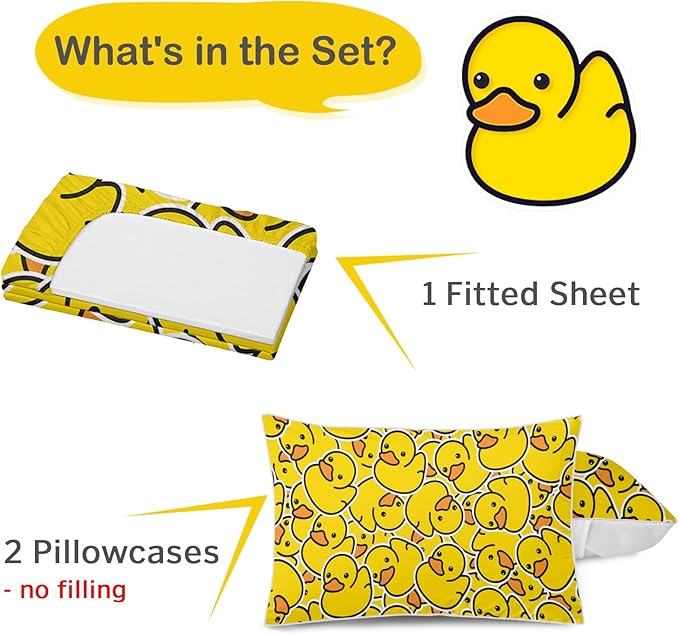 Yellow Rubber Duck Fitted Bed Sheet Set Kids Soft Microfiber Breathable Bedding All-Round Elastic Pocket 3 Pieces Fitted Sheet Set for Boys and Girls (Queen)