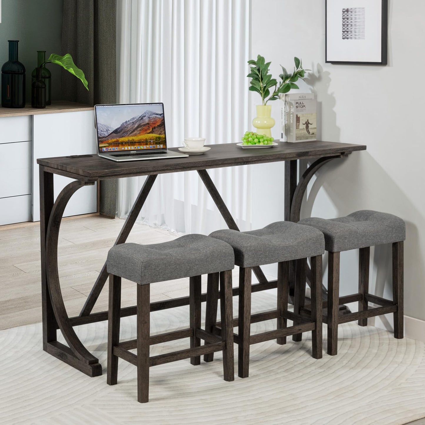 Ball & Cast 4 Piece Counter Height Bar Tables Stool Set, Farmhouse Wooden Kitchen Island-Table w/USB Ports & Power Outlet & 3pcs Padded Stools,59" Dining-Table with Chairs,Charging Station, Dark Gray
