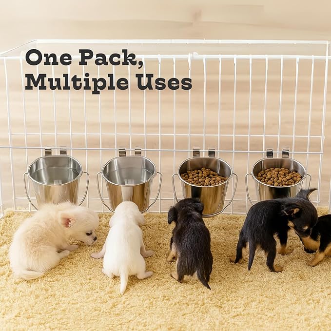 1 Quart Stainless Steel Flat Sided Pail/Dual Hooks | Hanging Bucket for Small Dogs, Cats, Birds, Rabbit, Poultry & Goats | Food & Water Bowl Fits Crates, Cages, Hutches & Farm | Pack of 4
