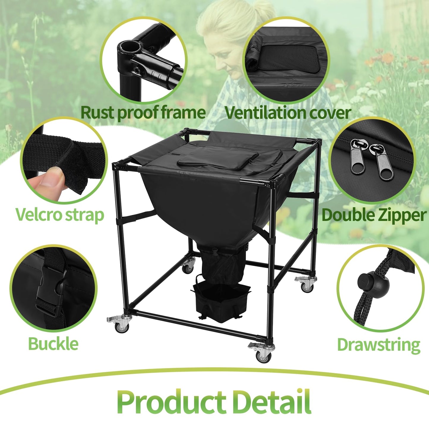 Urban Composting Bag 160L, Layered Harvest Design, Heavy-Duty Casters, All-Metal Frame + Oxford Fabric, Fertilizer Collection, Breathable Lid for Home, Garage, Basement, Kitchen