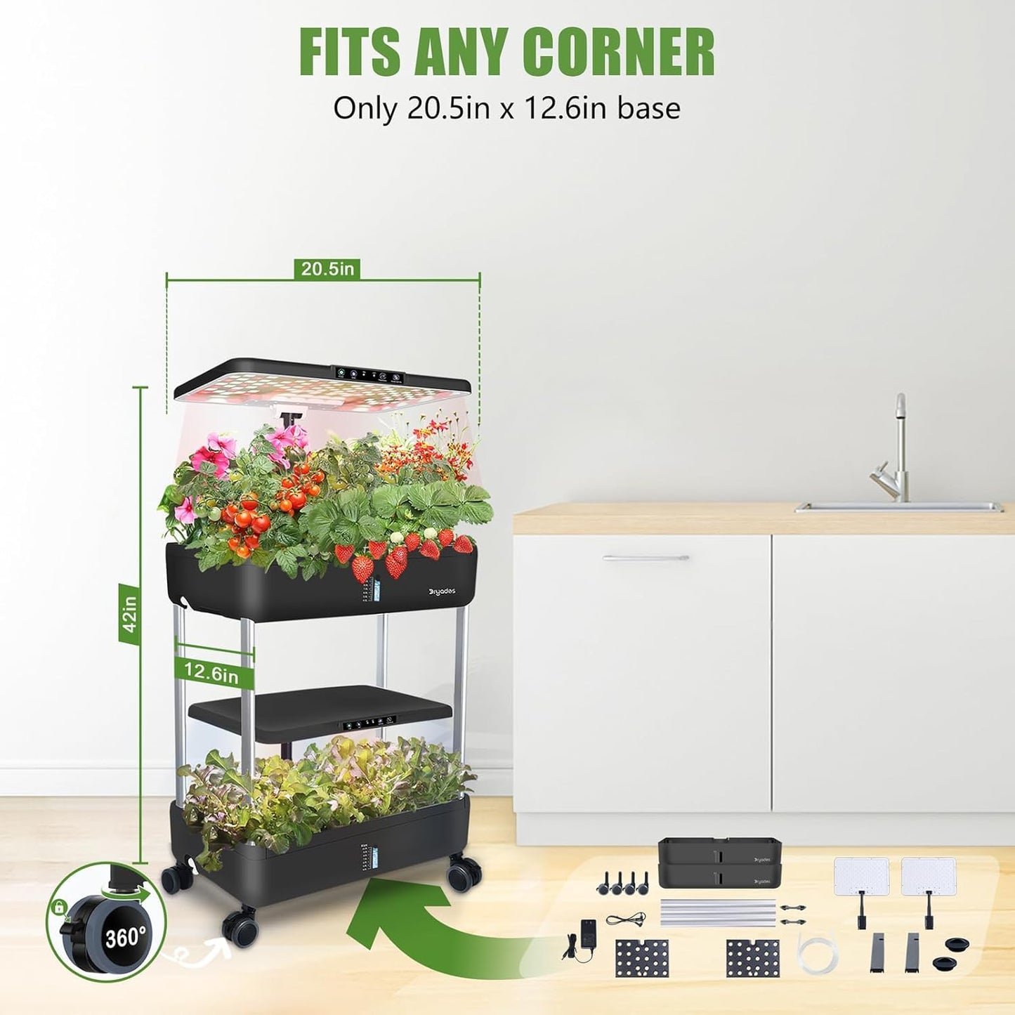 DRYADES 44-Pod Indoor Hydroponic Growing System + 3 Free Seeds Starter Kit (Lettuce, Salad Mixed, Basil Seeds) – Dual 53W Full-Spectrum LED, 10-L Water Tank, 2-Tier Grow Pods