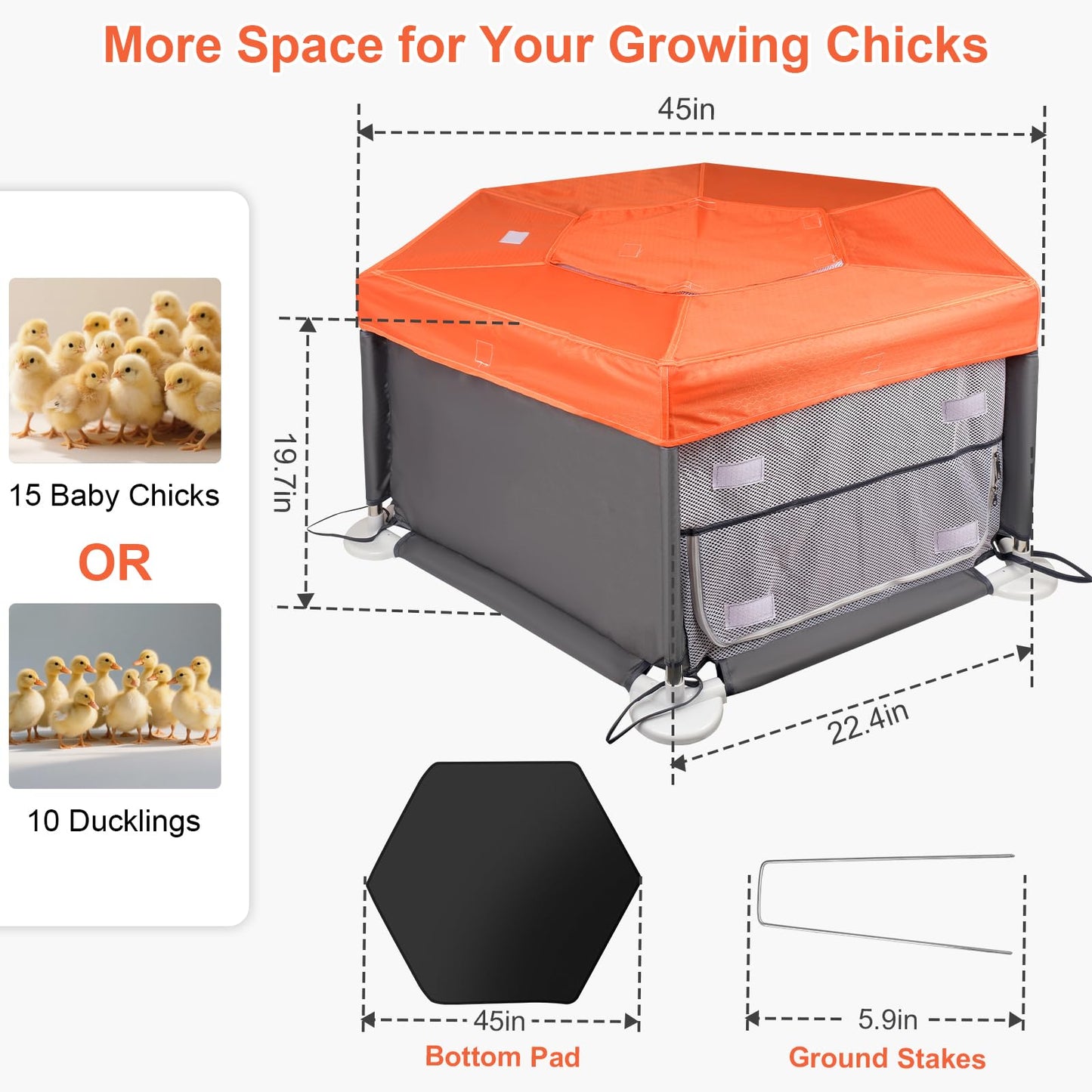 45"x45"x19.7" Sturdy Stainless Steel Frame Brooder Box for Chicks, Chicken Brooder Box with Removable Roof & Bottom Pad for Easy Cleaning, Small Animal Playpen for Ducks, Quails, Bunnies, Guinea Pigs