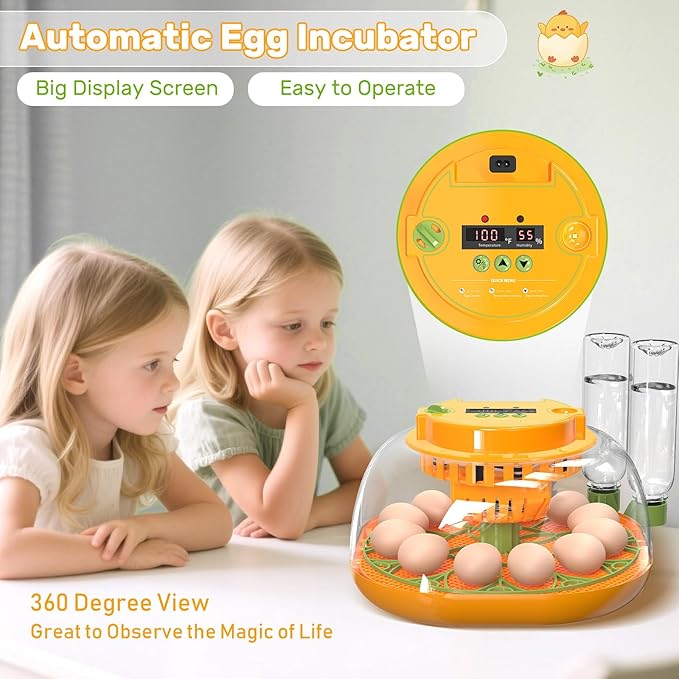 Incubators for Hatching Eggs, 12 Egg Incubator with Automatic Egg Turning and Humidity Control, Egg Candler, Auto Water Replenishment, Air Vent, for Hatching Chicken Duck Quail Goose Eggs