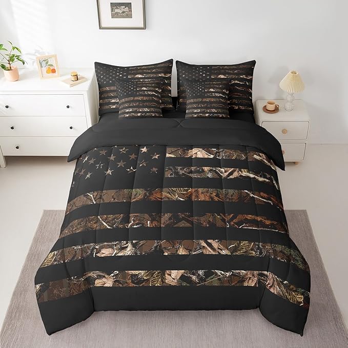 Feelyou American Flag 7 Pieces Bedding Set, King Brown Camouflage Botancial All Season,Bed in a Bag with Comforter, Sheets, Pillowcases Branch Hunting Bed Set Breathable Camouflage Hunter Room Decor