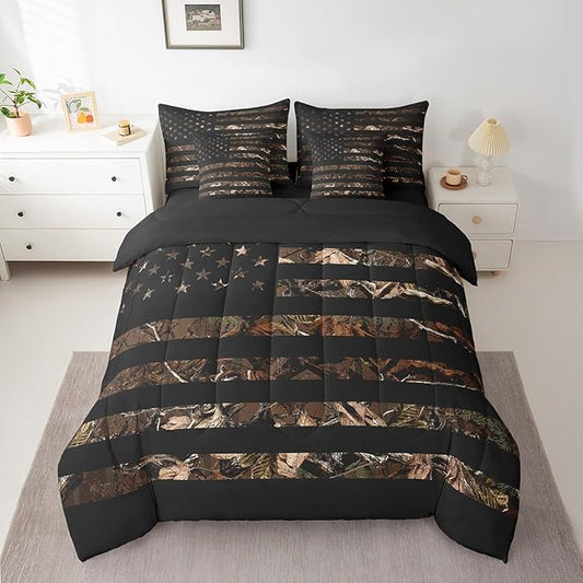 Feelyou American Flag 7 Pieces Bedding Set, Queen Brown Camouflage Botancial All Season,Bed in a Bag with Comforter, Sheets, Pillowcases Branch Hunting Bed Set Breathable Camouflage Hunter Room Decor