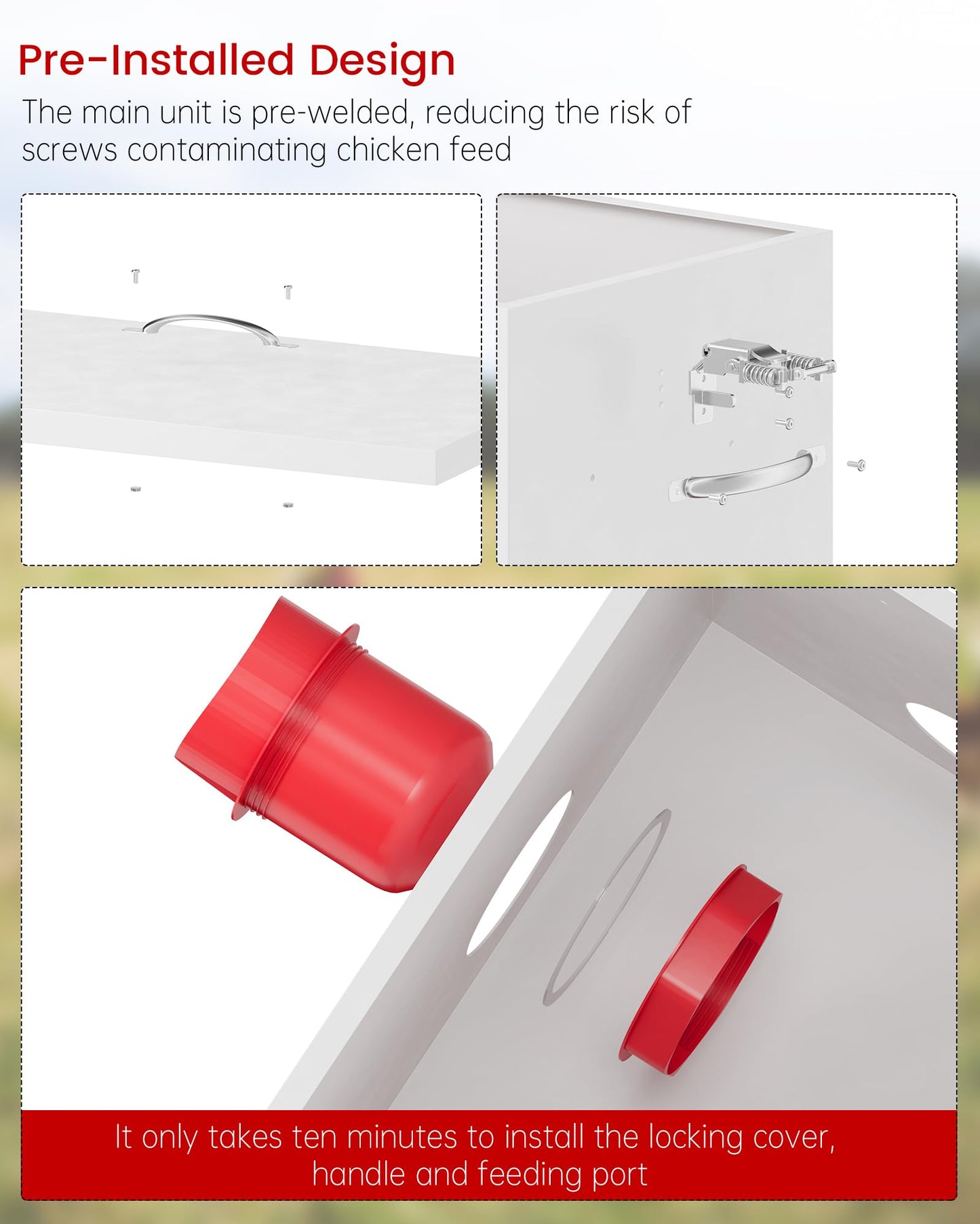 Pre-Installed Automatic Chicken Feeder, 40lb 6 Ports Rat Proof Chicken Feeder with Locking Lid and Legs, Galvanized No Waste Poultry Feeder for Hen Coop