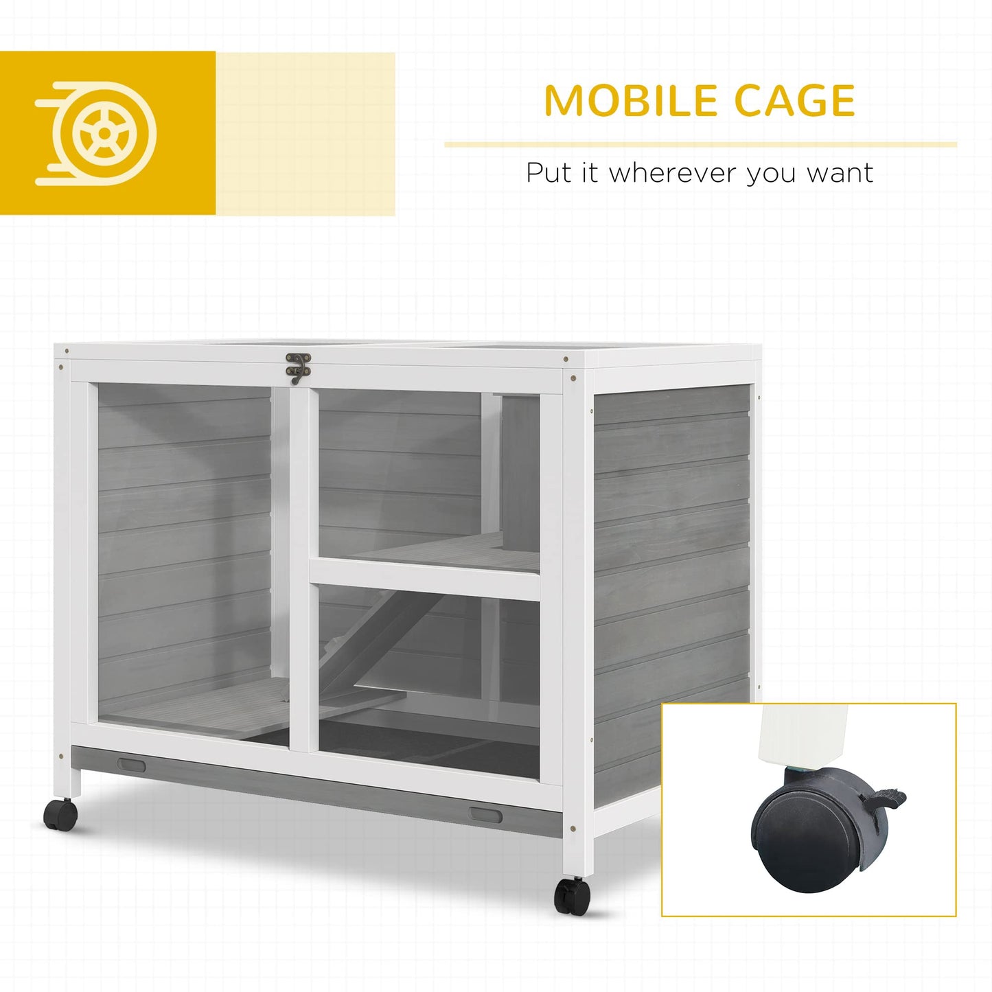 PawHut Rabbit Hutch with Wheels, Desk and Side Table Sized, Wooden Rabbit Cage, Waterproof Small Bunny Cage with Removable Tray, Openable Roof, for Indoor & Outdoor, Gray