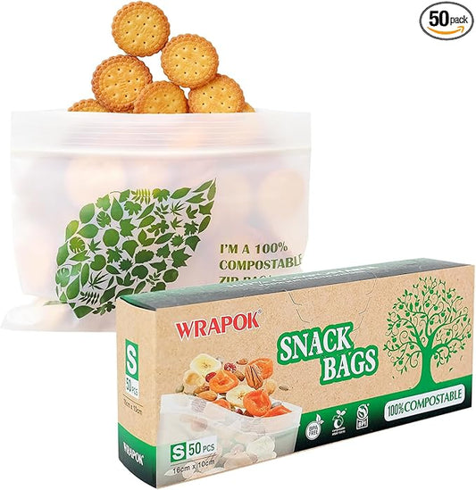 100% Compostable Snack Bags Small Biodegradable Freezer Sandwich Storage Bag for Cookies Biscuits, 50 Count - 6.3 x 3.9 Inch