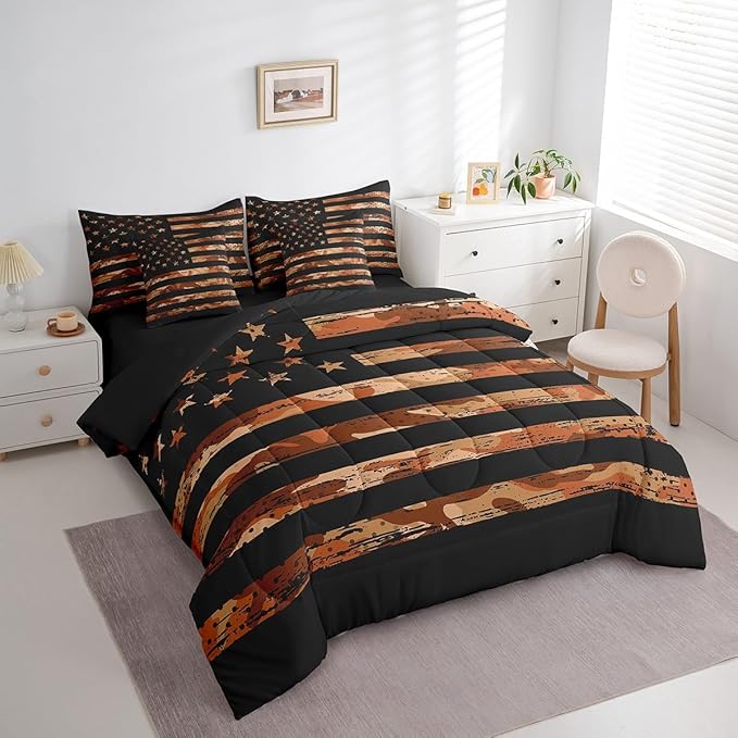 Feelyou American Flag Bedding Bed Set Set King Size Orange Brown Camouflage 7 Pieces Bedding Set, Boys Girls Decor Camo Stripes All Season,Bed in a Bag with Comforter, Sheets, Pillowcases Abstract
